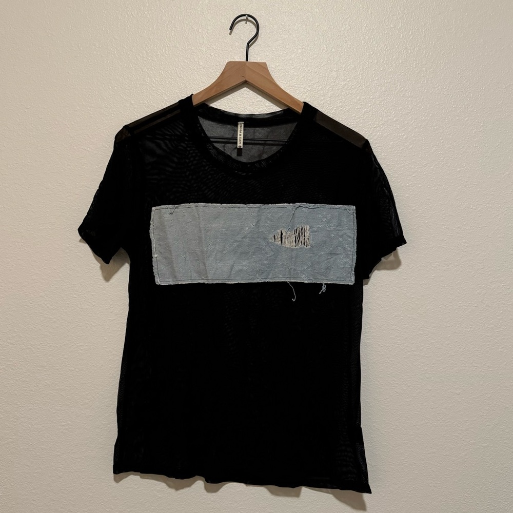 Sheer Shirt w/ Denim Patchwork